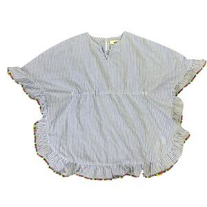 Mini Boden Girls Blue Striped Pom Pom Trim Swim Cover-Up Tunic Top ‎ 5-6 Years